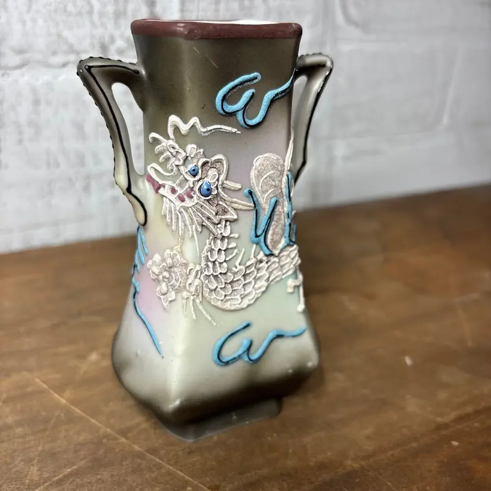 Vintage Nippon Moriage Dragon Vase with Bead Eyes Made in Japan